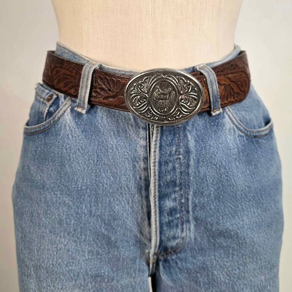 Vintage Avon Saddle Buckle Brown Tooled Leather Western Belt Cowgirl Redeo